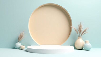 Fototapeta premium Minimalist 3D Render of Product Display Podium with Pampas Grass and Ceramic Vases in Soft Pastel Interior