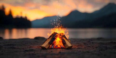 Vibrant campfire at sunset in the mountains
