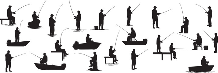 Fishing silhouettes collection of anglers in boats and on land for design and illustration needs