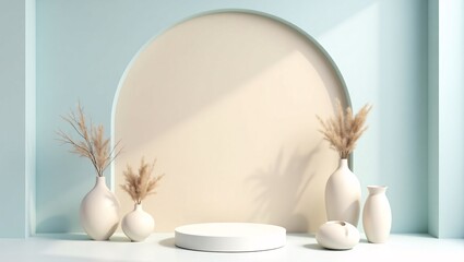 Fototapeta premium Minimalist 3D Render of Product Display Podium with Pampas Grass and Ceramic Vases in Soft Pastel Interior