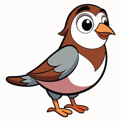 Cheerful brown cartoon bird stands upright while glancing to the right side softly