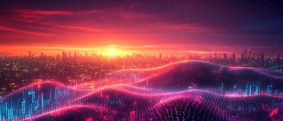 Abstract waveforms morphing into books and digital icons over a dark horizon, symbolizing evolving knowledge and adaptive learning, sunrise gradient with purple and orange hues