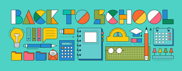Naklejka premium Back to school background with study supplies and office stationery. Geometric poster of education and work concept with icons of pen, pencil, book, notebook, calendar and folders, vector illustration