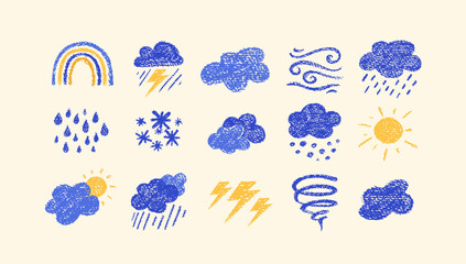 Crayon icons of weather, clouds and sun in sky. Doodle clouds with rain, lightning, snow, storm with chalk texture. Cute summer and winter weather icons drawn with crayon pencils, vector illustration