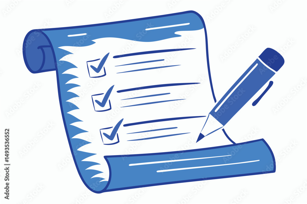 Poster Vector illustration of a checklist featuring blue pen and green check marks, representing task completion