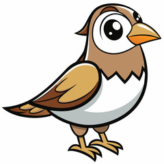 Cartoon sparrow with brown feathers, orange beak, and big eyes stands still