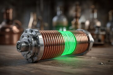Obraz premium Copper coil with glowing green light sits on a wooden surface surrounded by glass bottles and metal equipment in a workshop