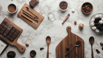 Top view of kitchen utensils on marble counter in warm rustic culinary scene setting
