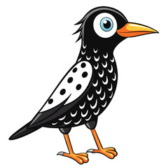 Cartoonish black bird with white markings is standing and looking to the side