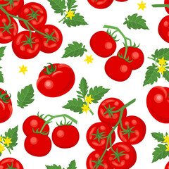 Fresh Tomatoes branch, leaves and flowers seamless pattern. Vegetable garden background. Vector cartoon flat illustration