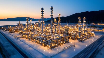 Obraz premium refinery unit lit by golden hour sun, clean surfaces, overhead view showing organization, pipework symmetry, industrial precision highlighted