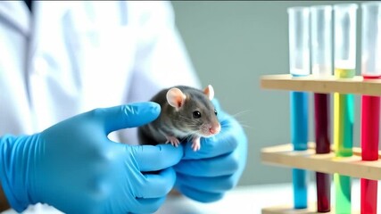 Close-up of a researcher's hands in medical gloves, holding a gray mouse, stroking it, against the background of test tubes in the laboratory.