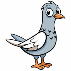 Cartoon pigeon with large eyes stands confidently against the white background