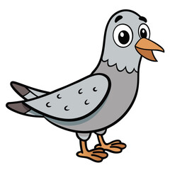 Animated gray pigeon with large eyes stands, ready to take flight in style