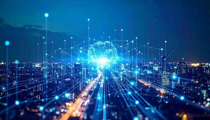 Obraz premium Neural Network Over Night Cityscape
