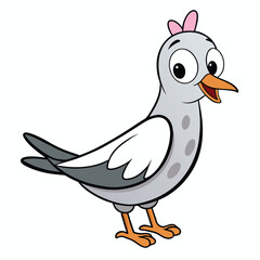 Cartoon pigeon stands cheerfully with wide eyes and an open beak against a plain backdrop