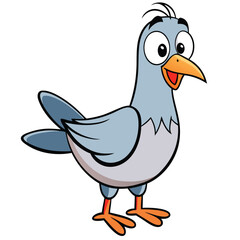 A cheerful cartoon pigeon stands upright with a curious expression on its face
