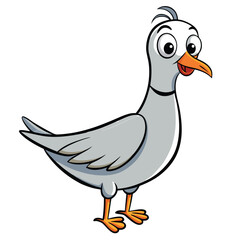 Cartoon seagull with wide eyes stands tall with its orange beak and feet