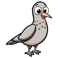 A gray cartoon pigeon gazes forward with curious big eyes, showcasing its playful character