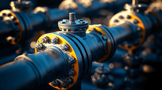 close-up of high-pressure gas valves in a refinery station, rust-free surfaces, bold yellow warning lines, ambient industrial lighting, sharp texture details, isolated composition