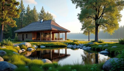 Obraz premium Serene Lake House with Autumn Trees Reflecting in Calm Water at Sunset