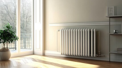Fototapeta premium Bright Room with Radiator and Potted Plant Interior Design, Home Decor