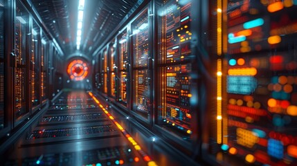 Obraz premium A high-tech financial data center with rows of servers and flashing lights, symbolizing big data analysis