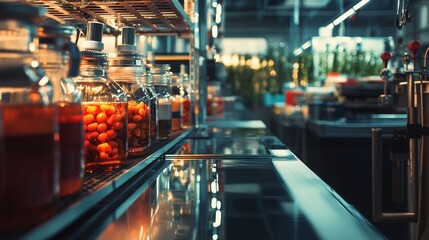 Shelf full of preserved jars in rustic market with warm light and nostalgic kitchen mood