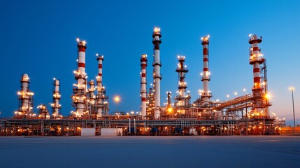 low-angle shot of tall refinery chimneys, complex piping foreground, light sky gradient, photoreal lighting reflection, dynamic symmetry in industrial form