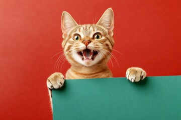 Cute cat mockup. &ETH;&iexcl;ute adult cat bombay hold in front paws a layout - large green boulevard sign. Isolated cat on a solid dress code red background. Cat in ad board. Cat signage mockup.