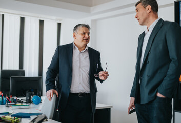 Two people engaged in active conversation, discussing work-related topics in a contemporary office.