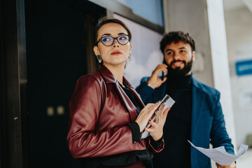 Two business professionals engaged in conversation outdoors, one holding notes, the other talking...