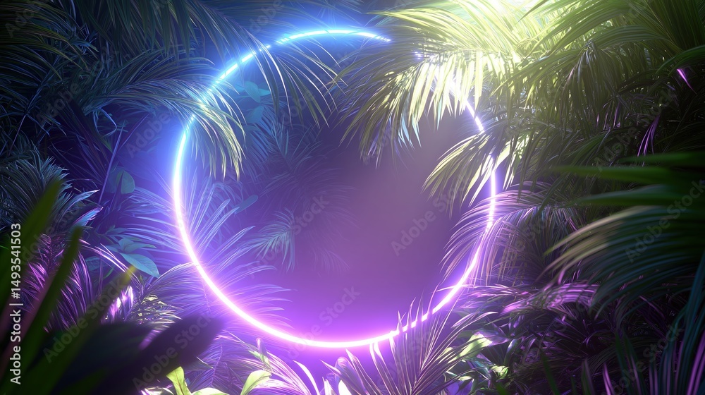 Poster neon circle shape glowing in a tropical jungle at night in 80s synthwave style