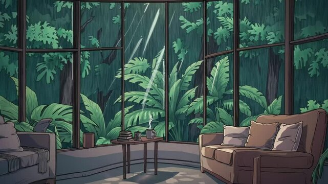 Cozy Lo-fi Anime Living Room Loop: Rainy Jungle Window View, Steaming Drink. Ideal Virtual Background, Stream Overlay, Live Wallpaper, VTuber Asset for Twitch, Zoom, OBS Screens.