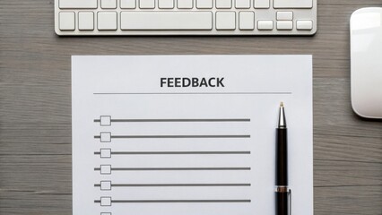 Client satisfaction survey feedback form analysis for product improvement in online services top-down desk view