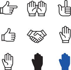 Fototapeta premium Collection of hand gestures and icons in modern flat design black and white style illustrating various symbols and actions