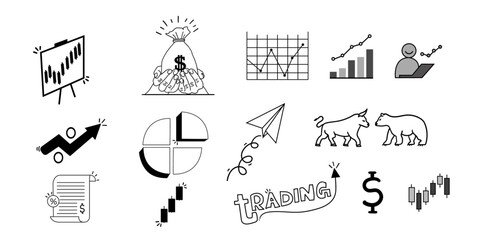 Naklejka premium Trading doddle design collection,stock market doddle collection for background design,trading candles,Hand drawn collection. 