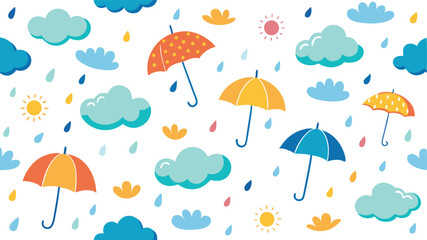 Rainy Season Seamless Pattern with Clouds and Umbrellas.