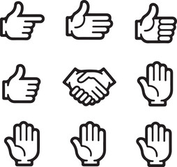 Obraz premium Collection of hand gestures and symbols including thumbs up handshake and open palm vector illustrations