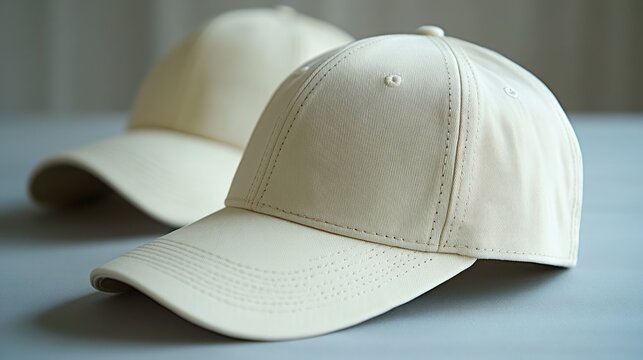 Two cream-colored baseball caps