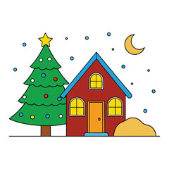 A cozy house glows with warm lights on a snowy Christmas night, beside a sparkling tree adorned with ornaments, under a sky full of stars and peaceful silence.
