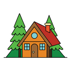 A cozy forest house glows warmly, nestled among snow-covered trees, with a beautifully lit Christmas tree adding festive charm to the serene winter scene.
