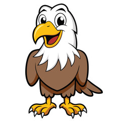 Cartoon bald eagle stands smiling brightly with its golden beak and talons showing