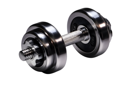 Ultra HD rotating shot of adjustable dumbbell with metallic texture, isolated on transparent background