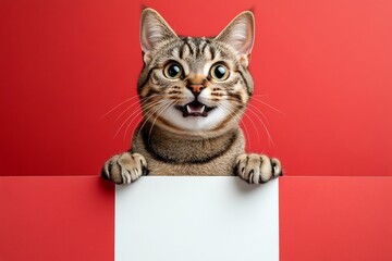 Cat signage idea. Cute ad cat photo. Isolated cat on a solid suit red background. Animal isolated pose. &ETH;&iexcl;ute adult cat toyger hold in front paws a concept - large white boulevard sign.