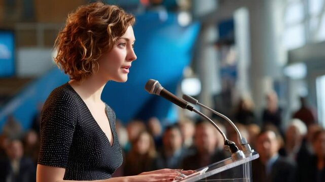 Eloquent Speech: A poised woman captivates her audience, delivering a speech at a lectern with grace and confidence.