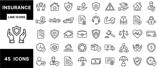 Insurance Line Icons – Health, Car, Home, Life, Travel, Family, Medical, Accident, Legal Protection, Umbrella Policy, Security and Risk Coverage