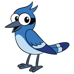 Cheerful blue jay cartoon character stands looking forward on an isolated white background