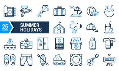 25 Blue Line Icons for Summer Holidays.