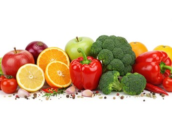 Fresh fruits and vegetables isolated on white background, healthy food